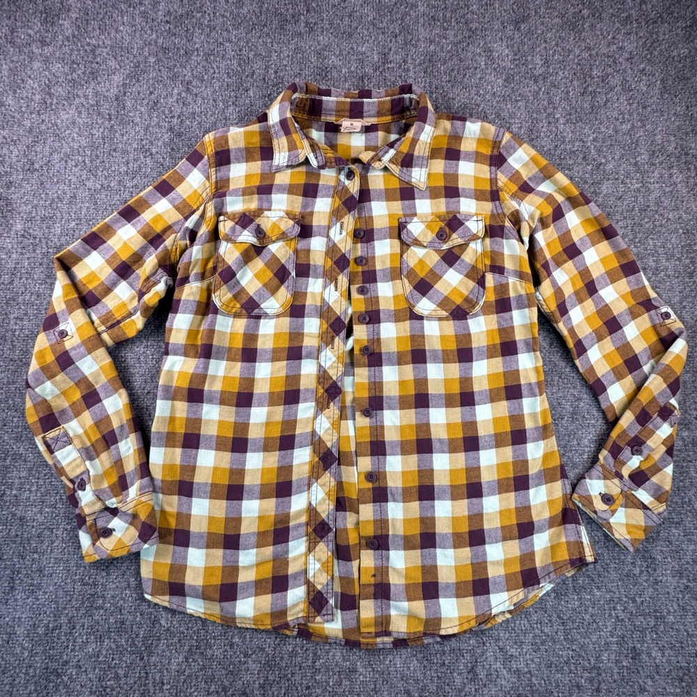 Plaid Flannel Roll-Tab Sleeve Shirt Duluth Trading Co Medium Mustard Purple